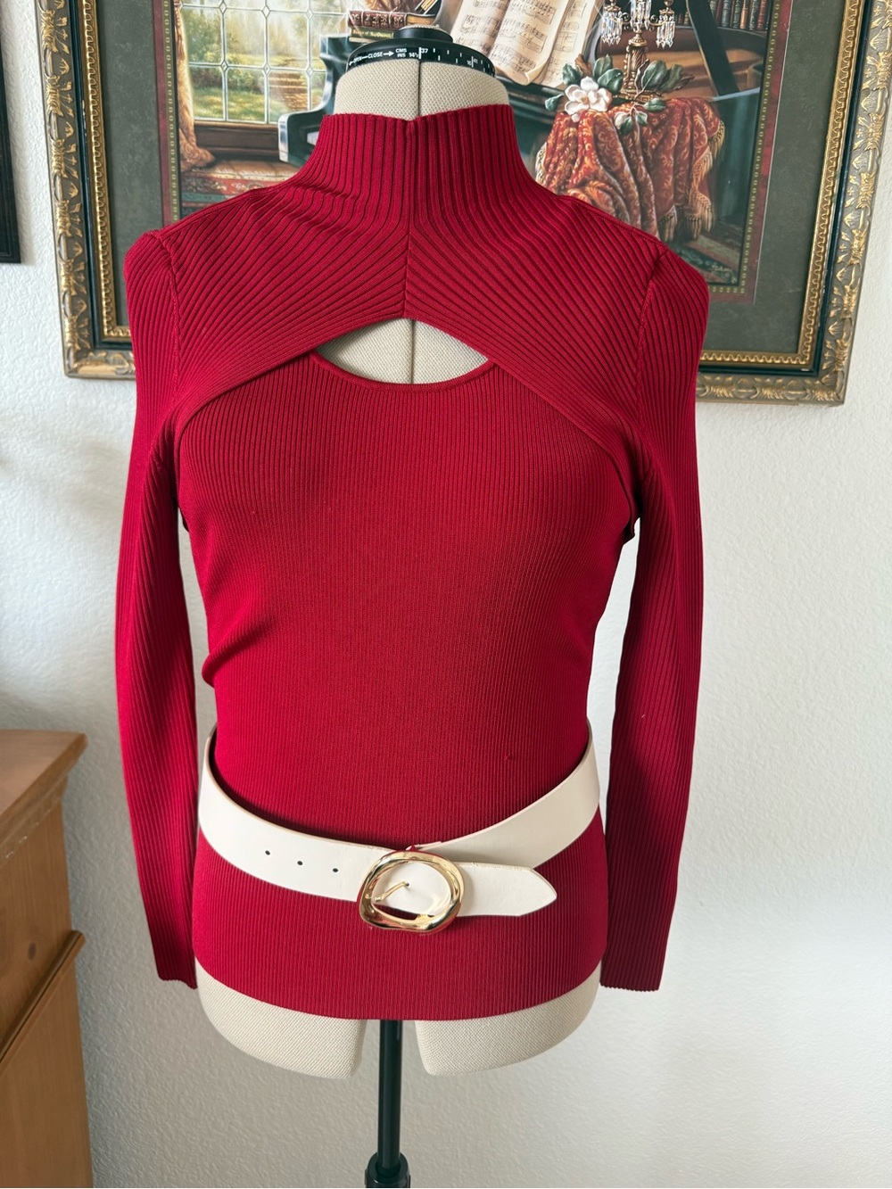White House Black Market Red Ribbed Cutout Turtleneck Sweater